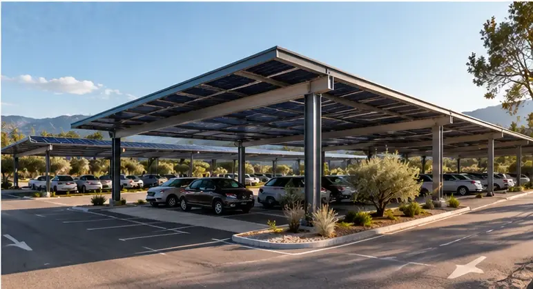 Illustration générée par IA d’ombrières photovoltaïques sur un parking professionnel