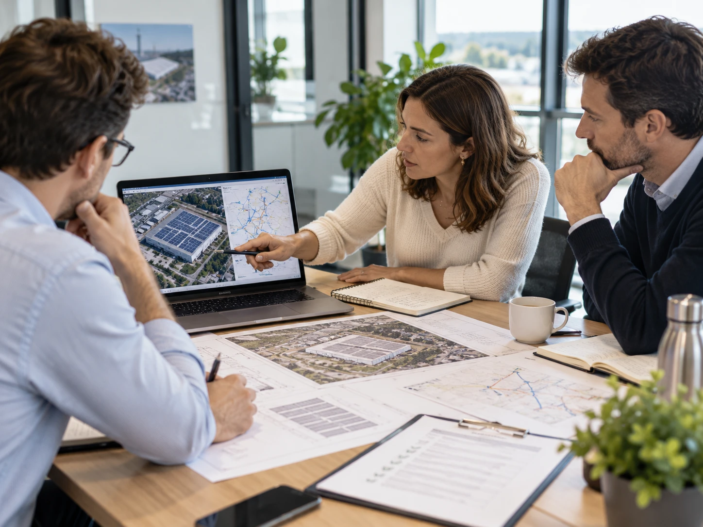 Illustration d’une réunion de travail autour des plans et du raccordement d’un projet photovoltaïque