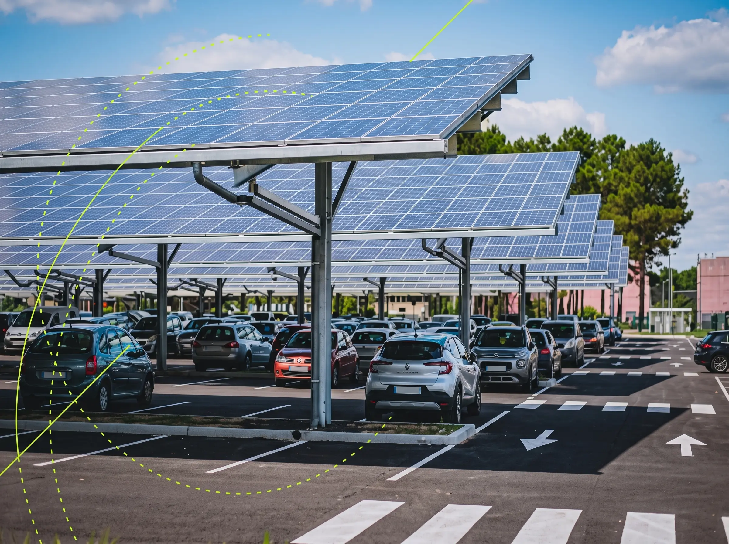 Illustration d’un parking équipé d’ombrières photovoltaïques et accueillant des véhicules