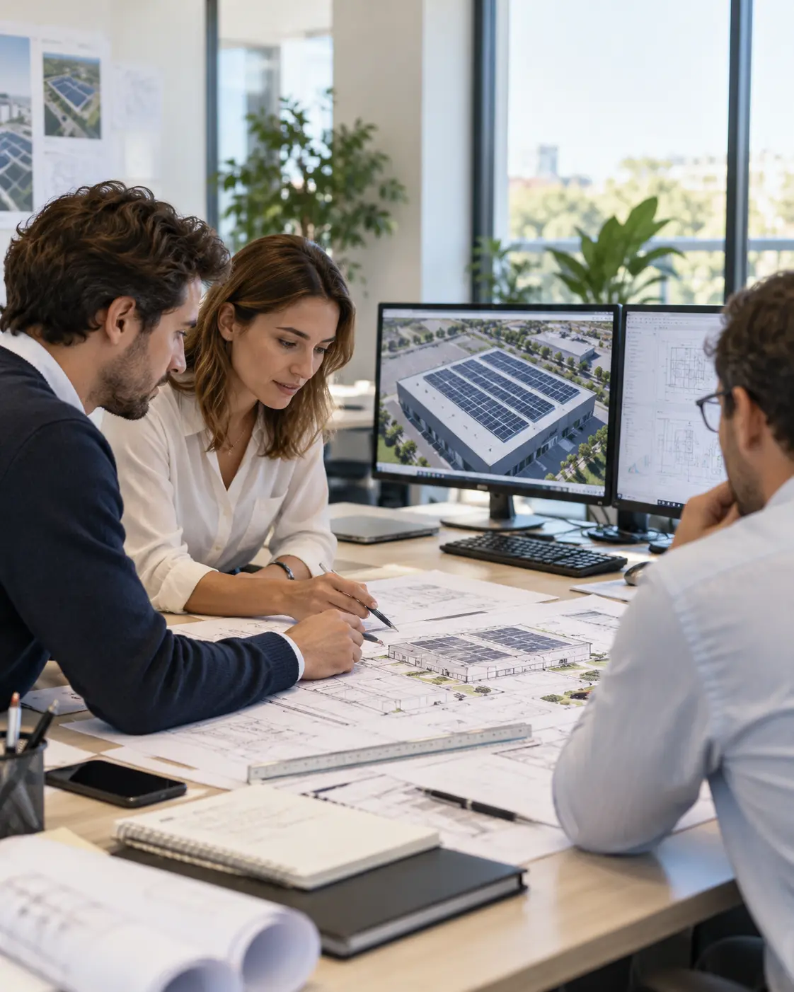 Illustration de professionnels étudiant ensemble les plans d’un projet photovoltaïque