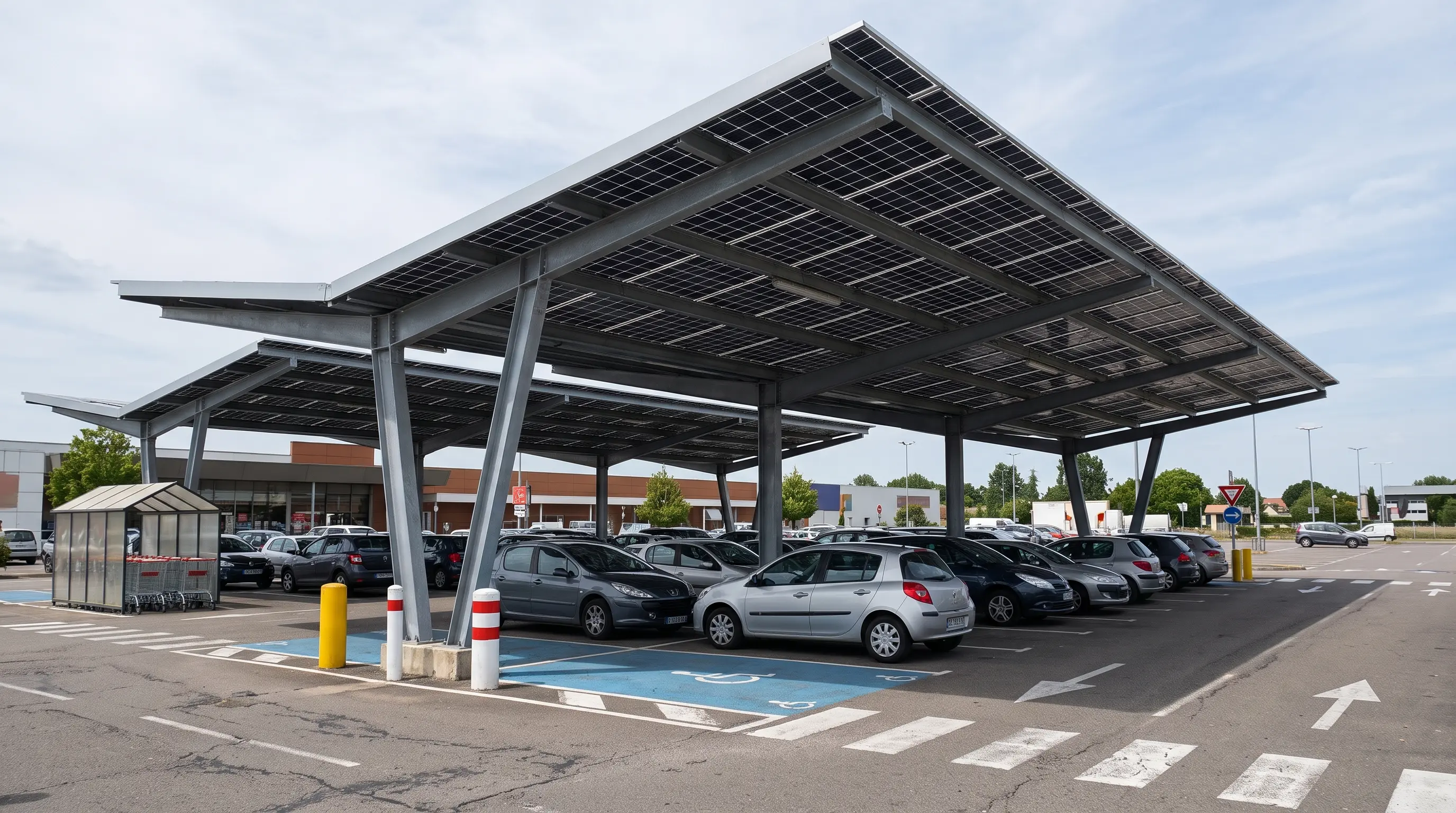 Illustration d’un parking professionnel couvert d’ombrières photovoltaïques