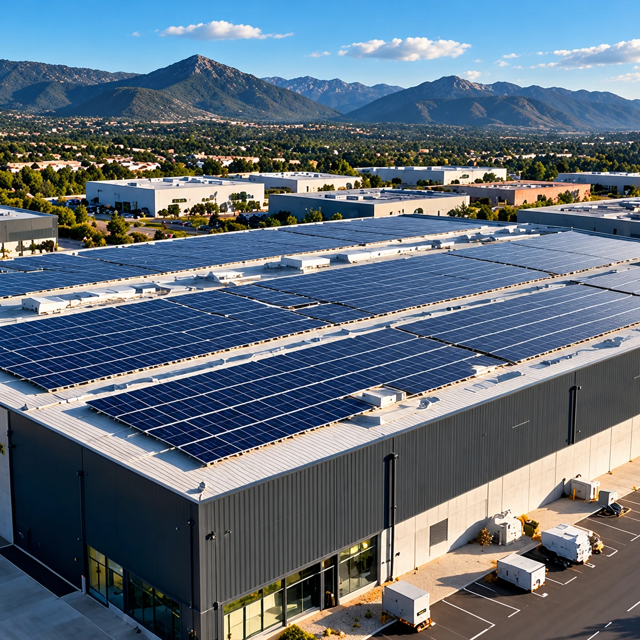 Illustration d’un entrepôt équipé d’une toiture photovoltaïque, avec des montagnes en arrière-plan